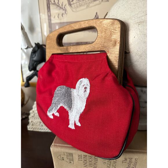 Vintage wool purse Old English Sheepdog red wood handles preppy embroidered - Picture 4 of 14
